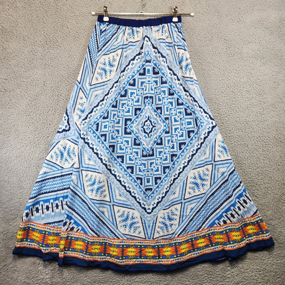 Magic Maxi Skirt‎ Womens Large Geometric Blue White Orange Boho Elastic Waist